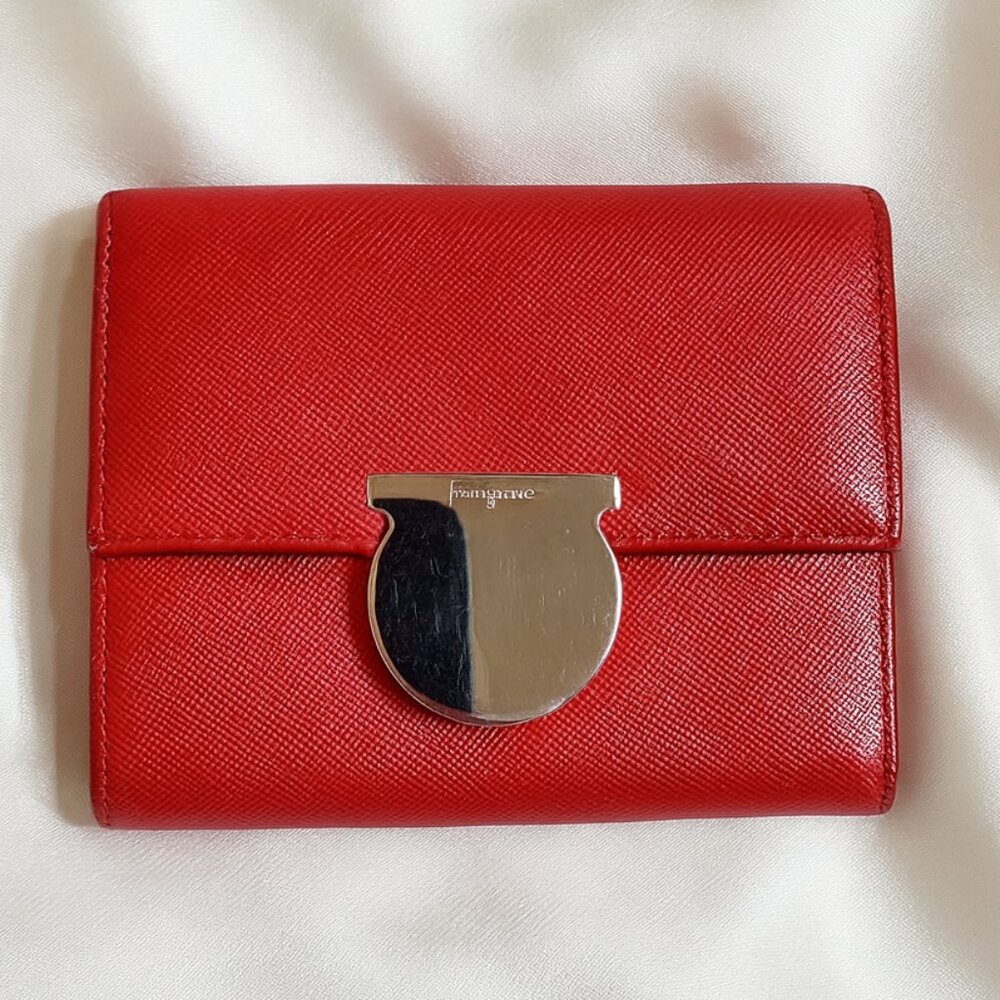 Salvatore Ferragamo Red Leather Wallet with Silver Gancini Hardware